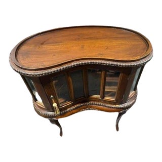 Late 20th Century Kidney Shaped Tea / Liquor Cabinet Table W/Beveled Glass & Wood Serving Tray For Sale