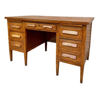 Vintage Oak Desk with Seven Drawers, 1940s For Sale