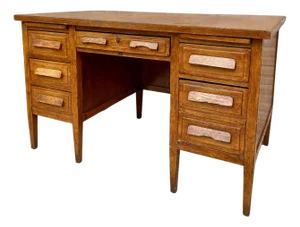 Vintage Oak Desk with Seven Drawers, 1940s