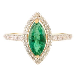 Marquise Cut Emerald Halo Set 18k Gold Engagement Ring Size 6 For Sale