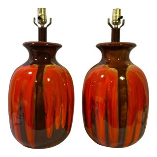 Vintage Orange and Brown Drip Glaze Ceramic Lamp - a Pair For Sale
