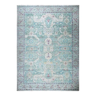 10x14 Green Hand-Knotted Silk Faded Turquoise Medallions Tribal Carpet Rug For Sale