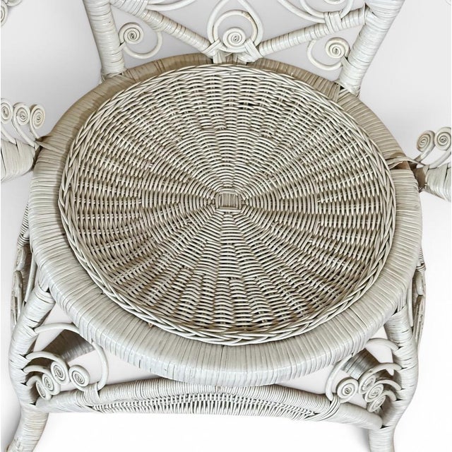 Vintage Boho Chic White Wicker Peacock Fan Back Chairs With Custom Cushions Pair For Sale - Image 11 of 16