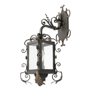 Vintage Spanish Revival Wrought Iron Outdoor Sconce Lantern With Gilt Accents For Sale