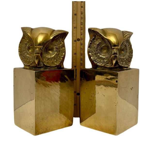 Gold Vintage Brass Owl Bookends Pair MCM Mid Century Detailed Owl Head Pedestal M4. For Sale - Image 8 of 8