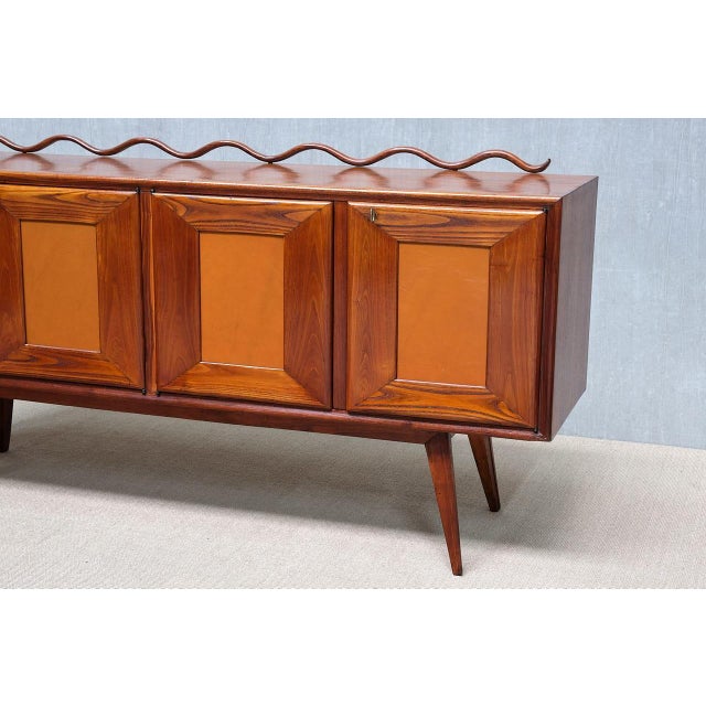 Italian Modern Walnut and Leather Sideboard with Undulating Cornice, 1950s For Sale - Image 13 of 16