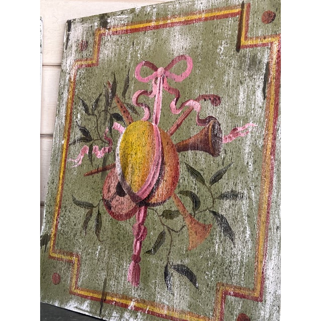 Pair of Large French Louis XVI Style Painted Oil on Wood Trophy Paintings For Sale In Palm Springs - Image 6 of 10