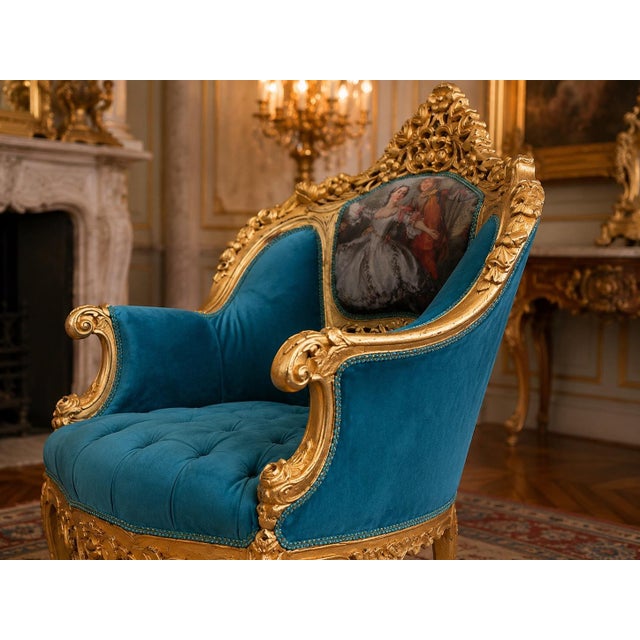 Teal 1900s French Louis XVI Blue/Green/Teal Velvet Sofa Set-5 Pc For Sale - Image 8 of 18