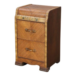 1930's Art Deco Mahogany Veneer Waterfall 2 Drawer Nightstand With Floral Inlay Details For Sale