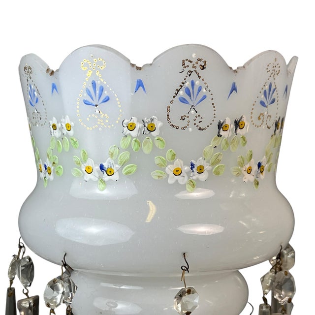 Late 19th Century Antique Pair Victorian Enamel Painted Decorated Art Glass Lusters Prisms For Sale - Image 5 of 8