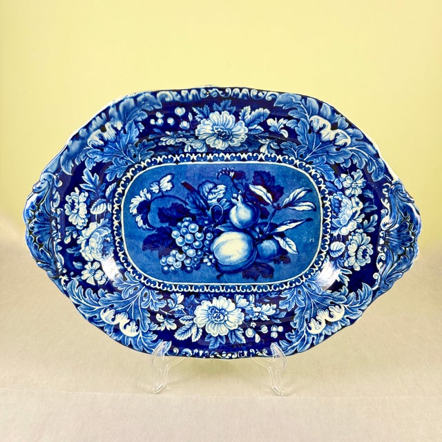 Staffordshire Potteries Stubbs & Kent Georgian Cobalt Transferware ‘ Fruits and Flowers’ Platter, Circa 1830 For Sale - Image 4 of 16