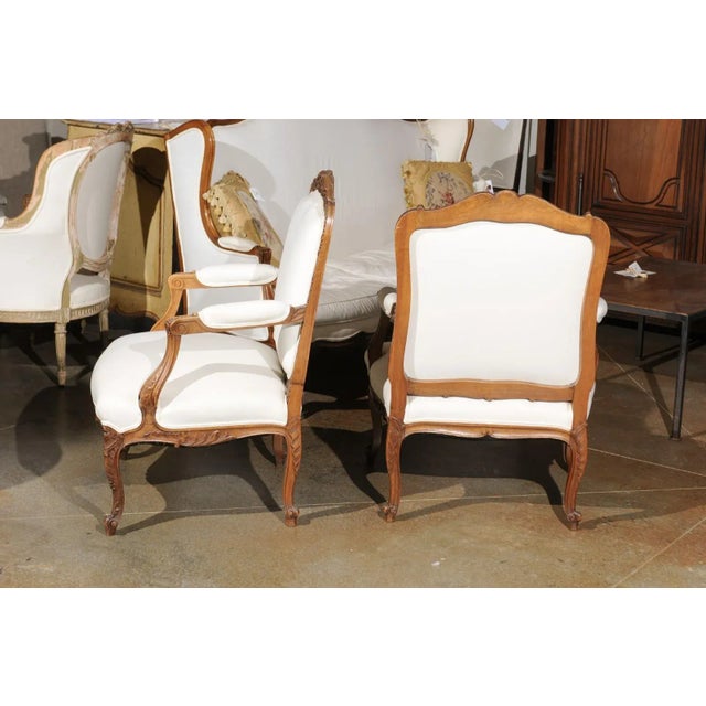 Italian 19th Century Rococo Style Carved Walnut Upholstered Armchairs - A Pair For Sale - Image 10 of 12