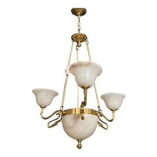 1960s Italian Alabaster Brass 3 Arm Chandelier For Sale