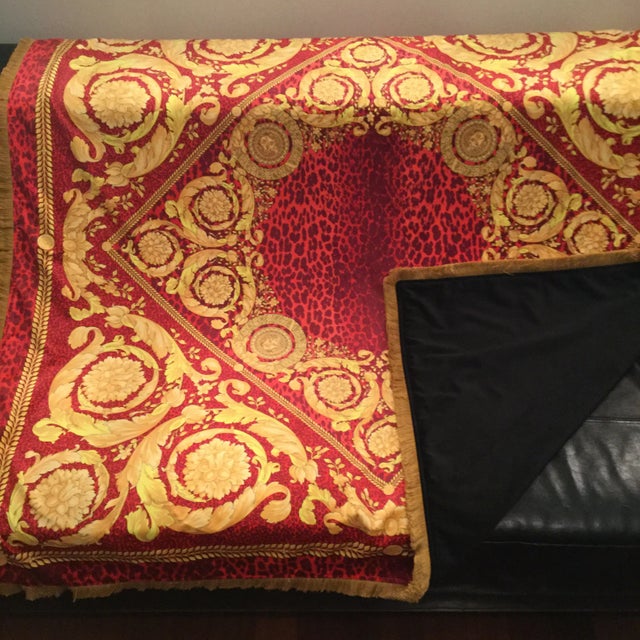 Italian Gianni Versace Baroque Gold Red Velvet Throw Costom Made Large Size With Frindge and Velvet Lining 54 Inch For Sale - Image 3 of 12
