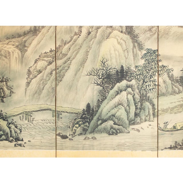 Celadon 1970s Ming Style Monochrome Silk Screen "Mountain Landscape With River" For Sale - Image 8 of 18