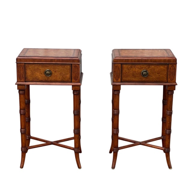 Pair Ethan Allen Faux Bamboo Burl Sofa/Bedside Tables For Sale - Image 11 of 13