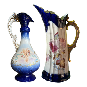 Antique Victoria Carlsbad Porcelain Floral & Cherub Ewer Vase-a Pair