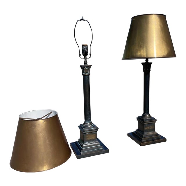 Visual Comforts Patinated Bronze Neo Classical Empire Brass Shade Table Lamps, a Pair For Sale