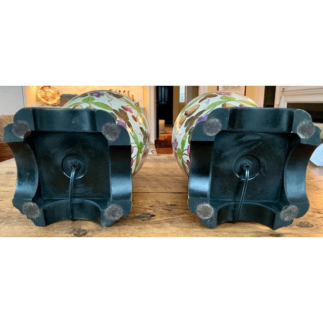 Pair of 1980s M. Kasima Signed Porcelain Lamps With Botanical and Tassel Design For Sale - Image 10 of 12