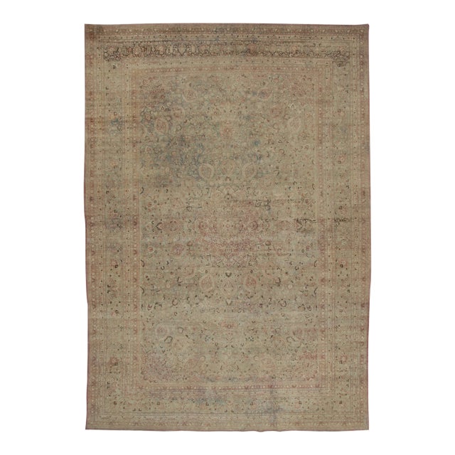 Oversized Antique Persian Mashad Rug in Gold With Floral Medallion - Rug & Kilim For Sale