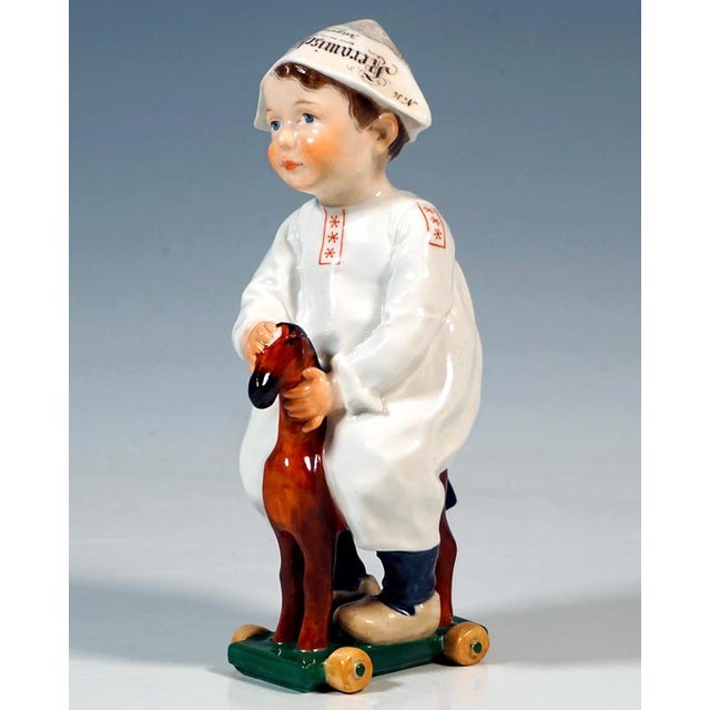 Art Nouveau Hentschelkind Boy Riding on Wooden Horse Figurine, 1906 For Sale - Image 3 of 7