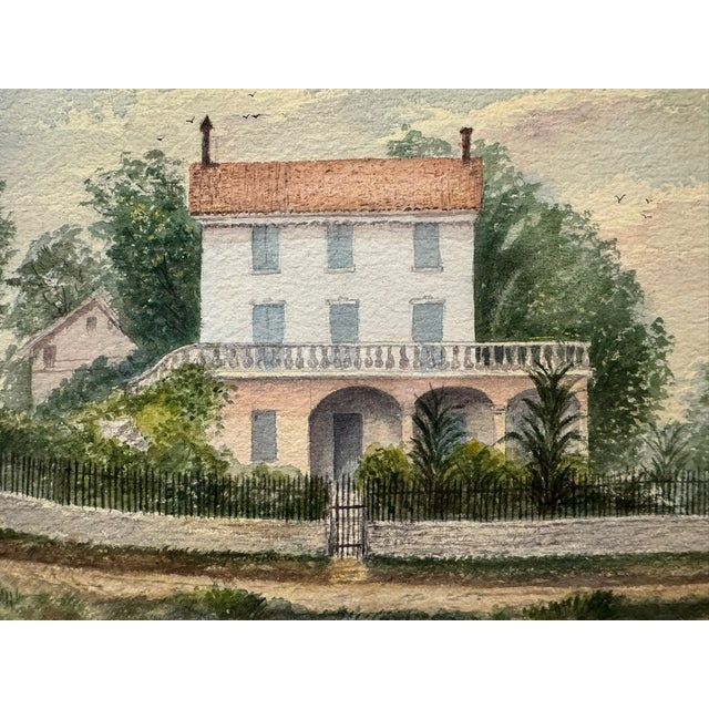 Original watercolor on paper depicting a substantial country house or villa with a red tile roof, arched veranda,...