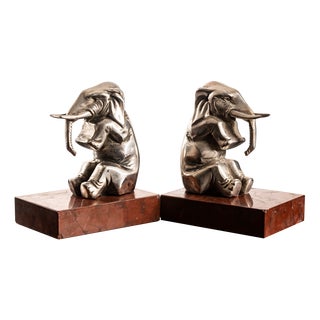 Art Deco Bookends with Elephants in Silver-Plated Metal and Rouge Royal Marble, 1930, Set of 2 For Sale