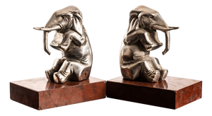 Art Deco Bookends with Elephants in Silver-Plated Metal and Rouge Royal Marble, 1930, Set of 2