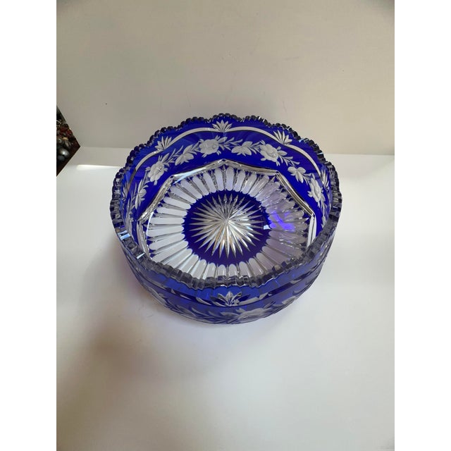 Mid 20th Century Czech Bohemian Cobalt Blue Cut to Clear Crystal Centerpiece Bowl For Sale - Image 9 of 18