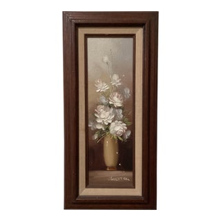 Vintage Painting on Driftwood “White Peony“ by Robert Cox (1934- 2001) Framed For Sale