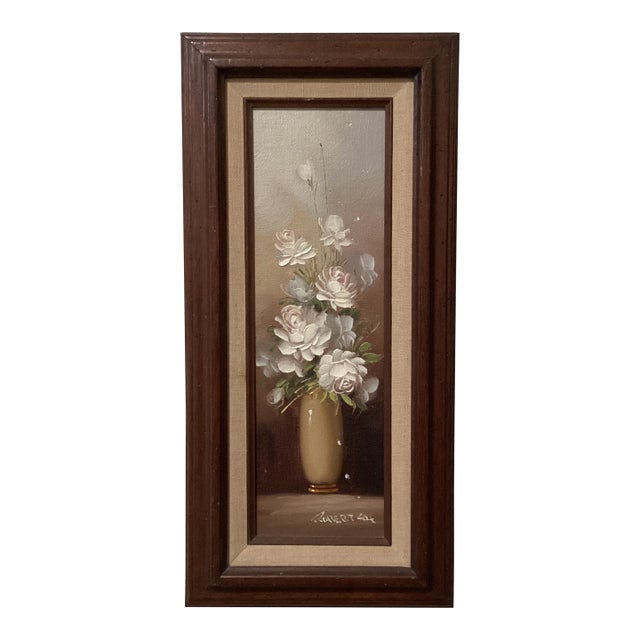 Vintage Painting on Driftwood “White Peony“ by Robert Cox (1934- 2001) Framed For Sale
