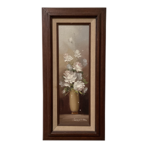 Vintage Painting on Driftwood “White Peony“ by Robert Cox (1934- 2001) Framed