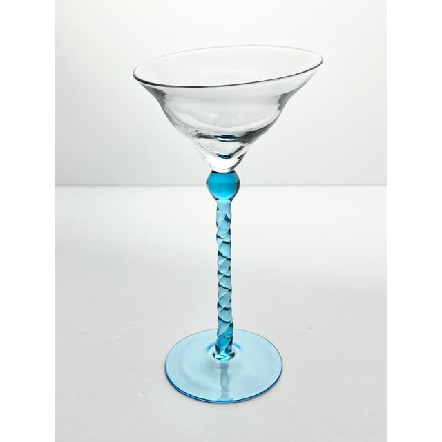 Vintage Aqua Azure Blue Twisted Stem Slanted Wavy Bowl Martini Glasses - a Pair For Sale - Image 4 of 6