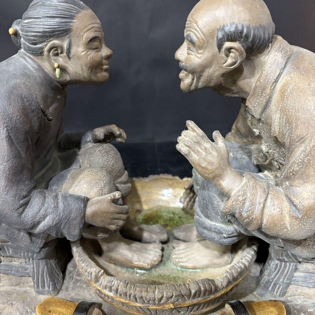 Vintage Shiwan Ware "Shared Joy" Figurine | Handmade Ceramic Elderly Couple Sculpture | 13" Wide For Sale In Los Angeles - Image 6 of 9