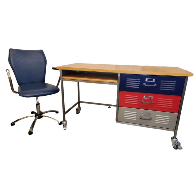 1990s Vintage Pottery Barn Three Drawer Metal Frame Wood Top Desk With Casters and Chair Chairish