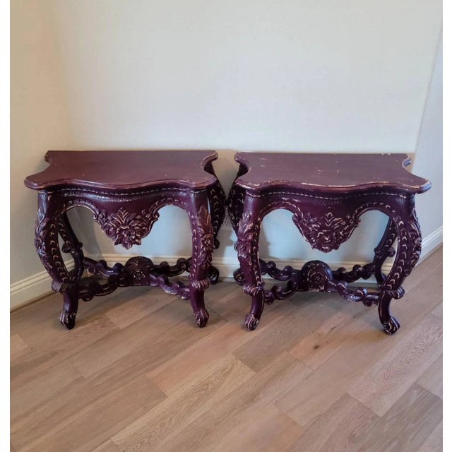 French Provincial Vintage French Provincial Rococo Carved Distressed Console Tables - a Pair For Sale - Image 3 of 11