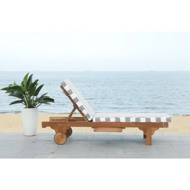 Newport Chaise Lounge Chair with Side Table, Natural/Grey Stripe Cushion For Sale - Image 9 of 11