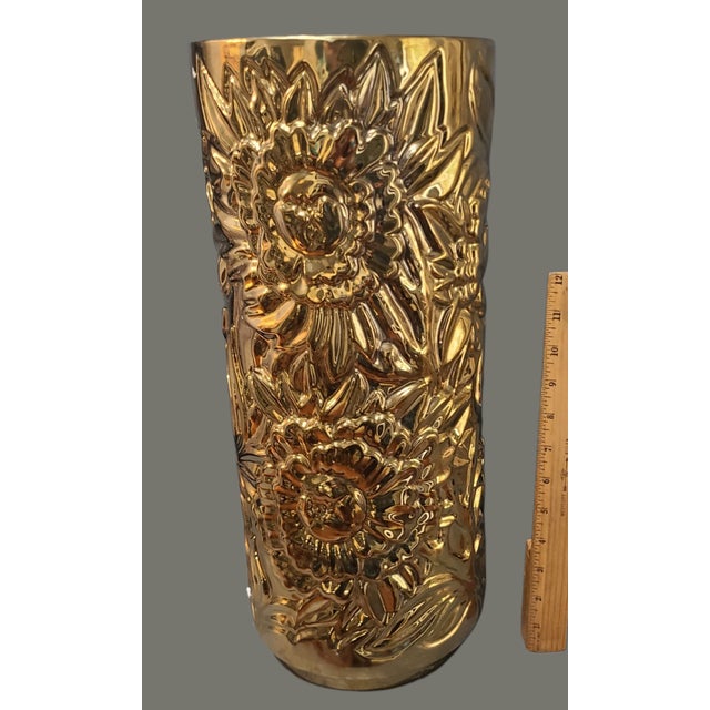 Ceramic Late 20th Century Hollywood Regency Gold Embossed Ceramic Floral Umbrella Cane Vase Stand For Sale - Image 7 of 10