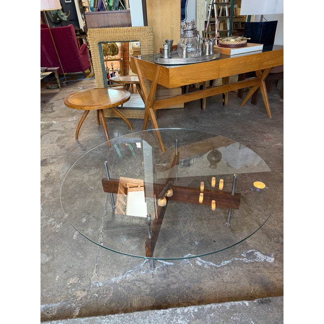 Italian Round Glass Coffee Table With Wood X-Base For Sale - Image 4 of 12