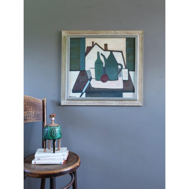 Mid-Century Modern Mid-Century Modern 'Green Vessels & House Form' Abstract Still Life Oil Painting by Swedish Artist Max Gregor Carlsson (1914-1996), Framed For Sale - Image 3 of 14