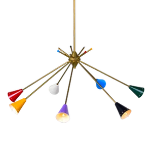 Mid Century Stilnovo Brass Seven Arm Fixture With Multi Color Shades