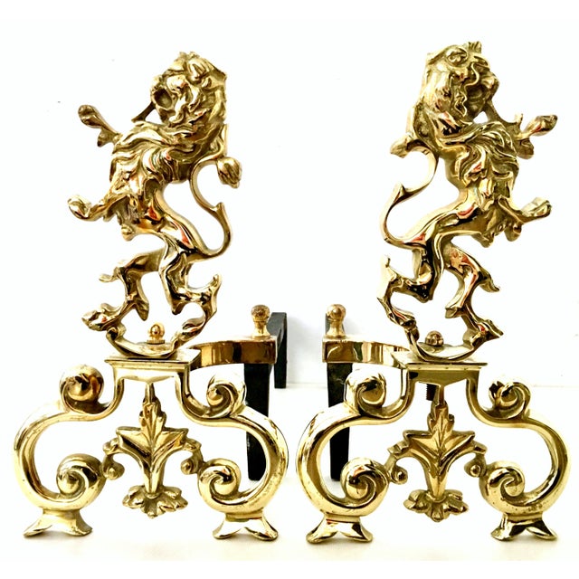 20th Century Solid Brass and Iron "Rampant Lion" Andirons A