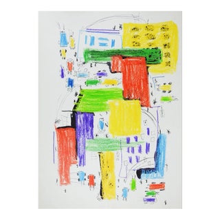 Late 20th Century Colorful Abstract Cityscape Mixed Media Painting For Sale
