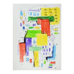 Late 20th Century Colorful Abstract Cityscape Mixed Media Painting