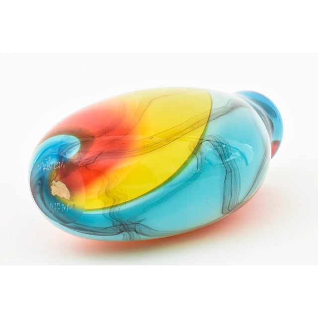 Murano Italian Signed Fratelli Glass Vase 80's Orange Red, Turquoise, Blue, Yellow, Charcoal Black Vase, Vessel 80's For Sale In Miami - Image 6 of 12