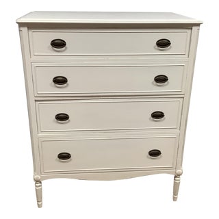 Vintage Solid Wood Painted 4 Drawer Dresser White Gray Original Drawer Pulls For Sale