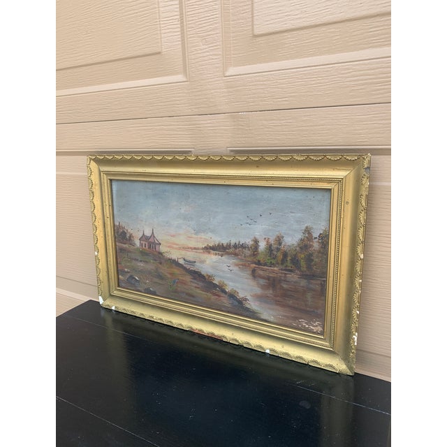 A beautiful antique hand-painted gilt wood framed oil on board landscape painting USA, Late 19th Century Measures: 21.5"W...