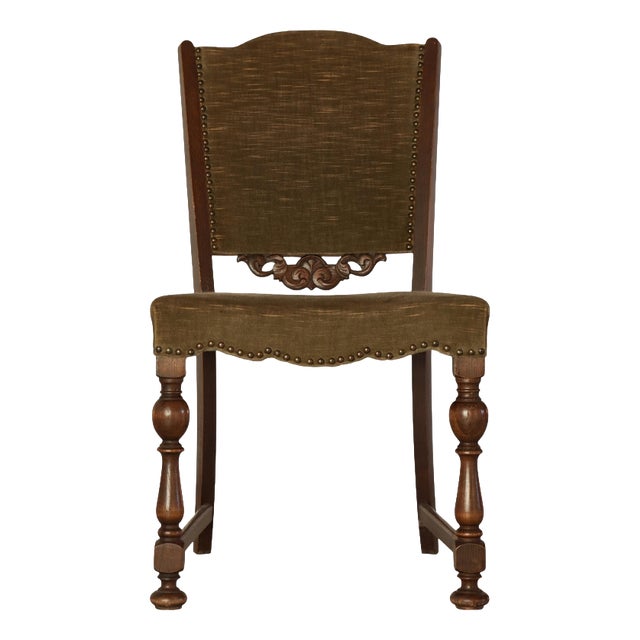 Danish Art Deco Oak Side Chair with Green Velvet Seat, 1930s For Sale