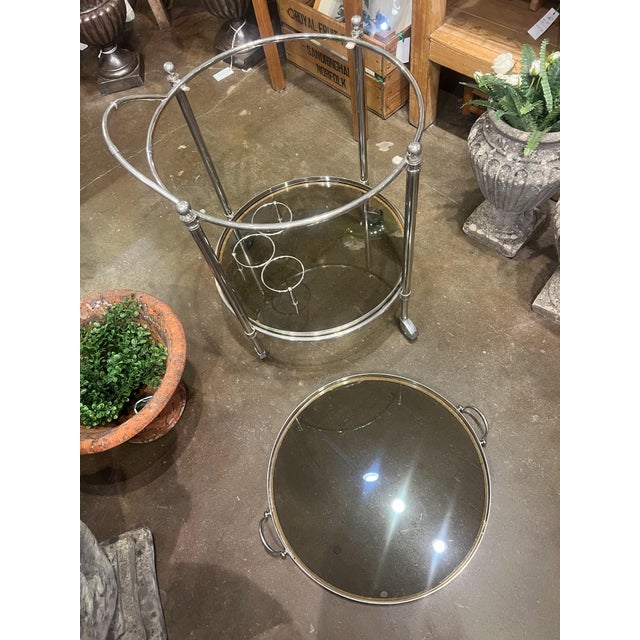 Polished Chrome Drinks Trolley or Bar Cart With Smoked Glass Trays From England For Sale - Image 10 of 11