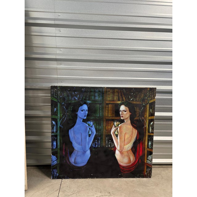 This striking large-format artwork features a dual portrait of two women, one rendered in cool, ethereal blue tones and...